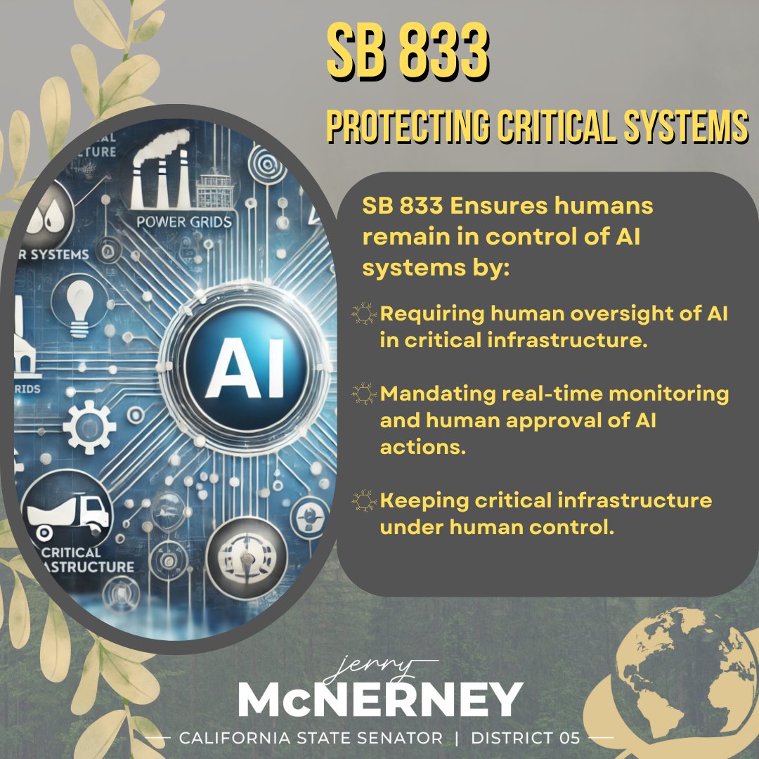 SenMcNerney's tweet image. More good news! The #caleg Assembly Privacy and Consumer Protection Committee unanimously approved my SB 833, which would require human oversight of artificial intelligence used in CA's critical infrastructure. #humanintheloop