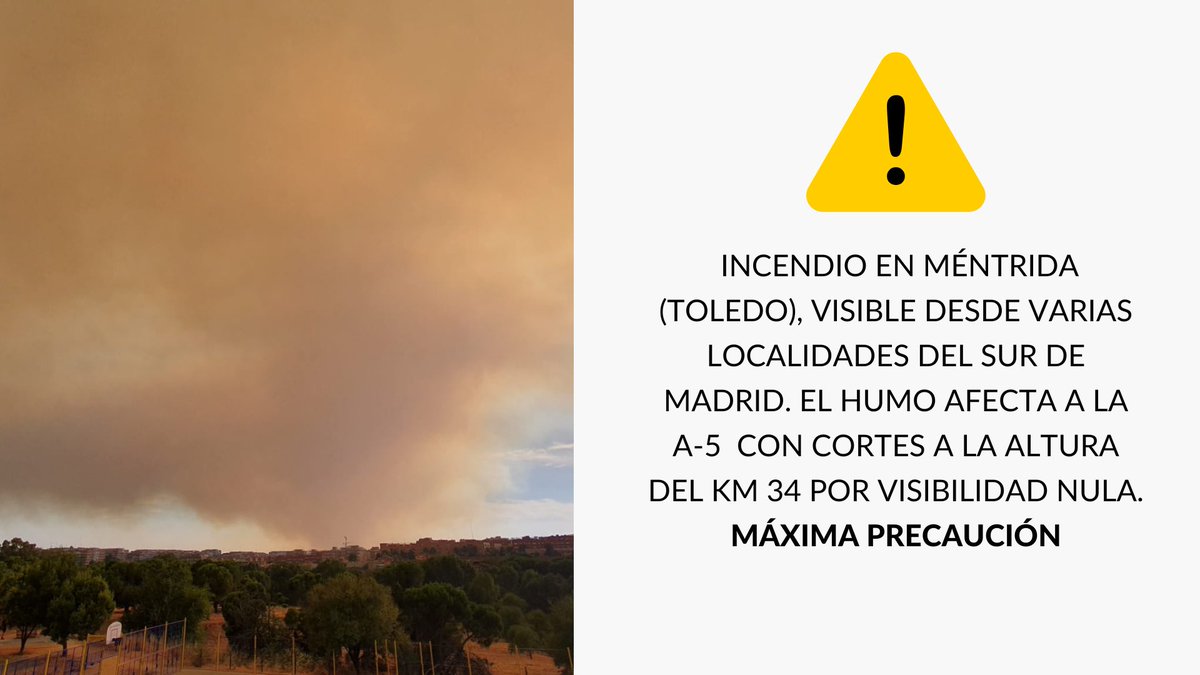 🚨 Incendio en Méntrida (Toledo), visible desde varias localidades del sur de Madrid. El humo afecta a la A-5  con cortes a la altura del km 34 por visibilidad nula.

Todos los recursos del Estado están activados, coordinación permanente con FCSE y UME, por si fuera necesaria su