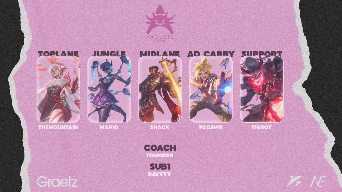 Lo sappiamo, siamo un po’ in ritardo (avevamo dimenticato...alcune cose).
E' ormai già noto, ma questo è il nostro roster ufficiale per la stagione

🗻<a href="/TheMountainIRH/">The Mountain</a>
🌴<a href="/nievexent/">Mario</a>
🧙‍♂️<a href="/Shackista/">Shack</a>
🏹<a href="/ImPadawii/">Gerald</a>
🛡️ <a href="/TigrotYwn/">Thiago</a>

🧑🏻‍🏫 <a href="/s3mtex291/">tomoRRR</a>
💼 <a href="/DatSeinko/">Seinko</a>