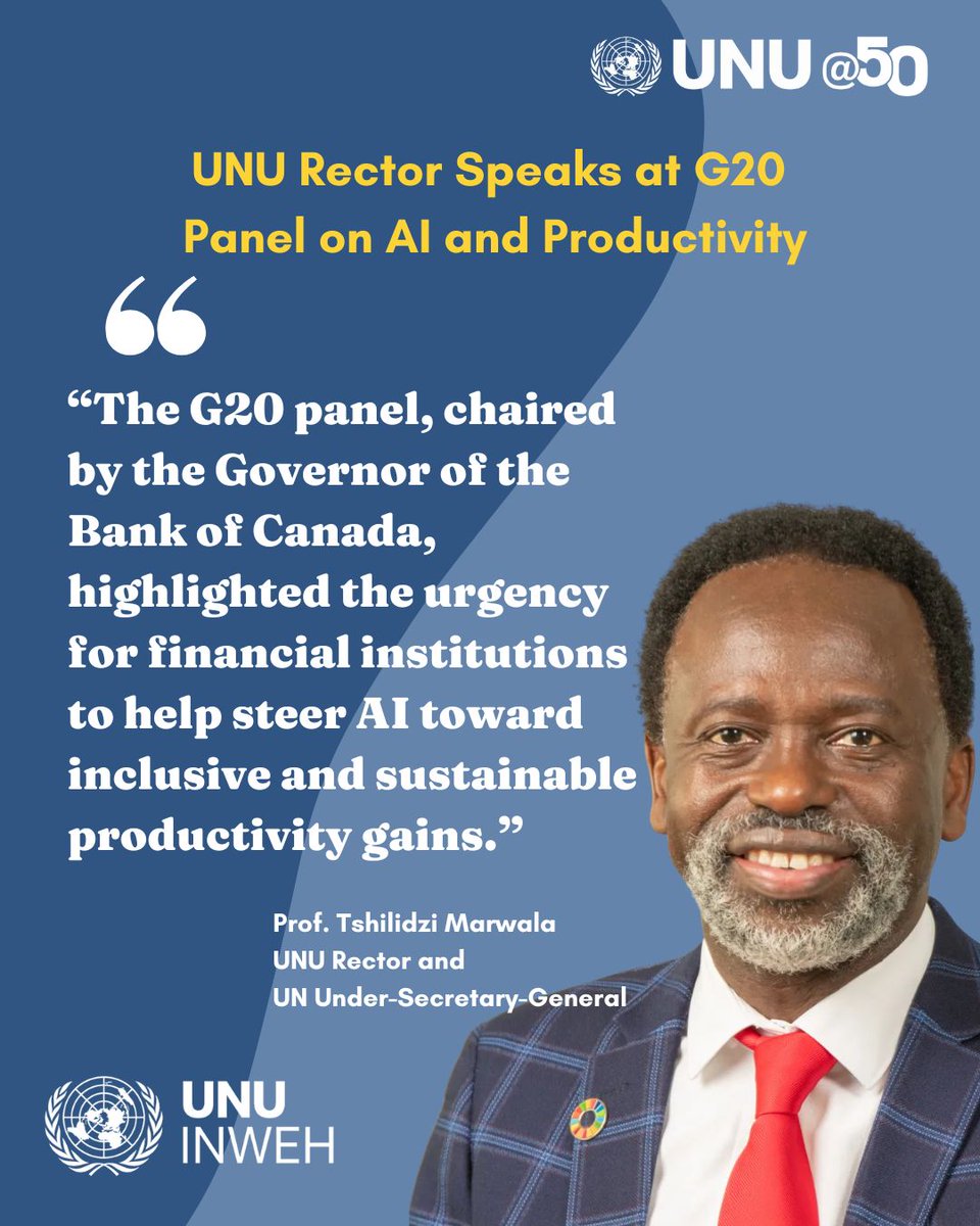 UNUINWEH's tweet image. We were thrilled to see UNU Rector Prof. @tMarwala speak at the #G20 panel on #AI and productivity, chaired by Bank of Canada Governor @TiffMacklem_
He highlighted Africaโs perspective on AI-driven growthโand the need for inclusive, equitable adoption across the continent.
