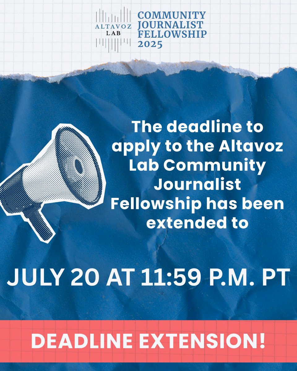 Altavoz_Lab's tweet image. 🚨 DEADLINE EXTENSION! 🚨
The deadline to apply to the Altavoz Lab Community Journalist Fellowship is now July 20 at 11:59 p.m.
🤝 Apply now for mentorship, editorial & engagement support!
Apply now: altavozlab.com/community-jour…
#JournalismSupport #AltavozLab