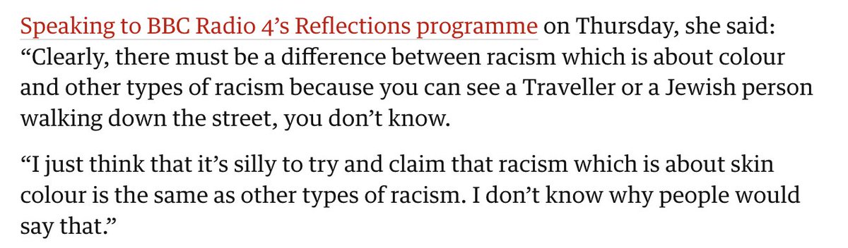 It is absolutely absurd that Diane Abbott was suspended for this.

She's describing the lived experience of anti-Black racism.

She wasn't saying Jewish people and Travellers don't experience racism. She's saying that racism takes different forms.