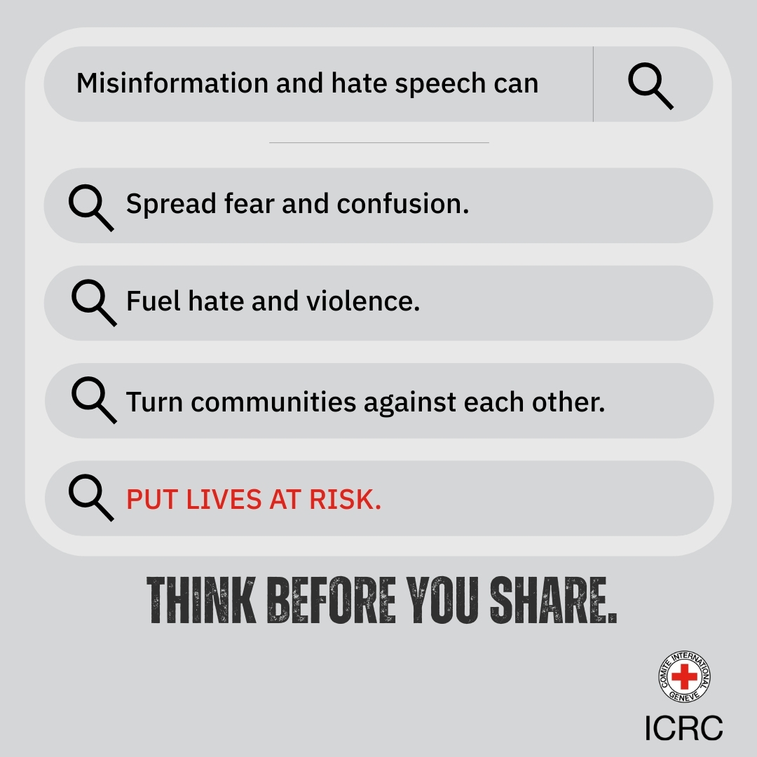 ICRC_sy's tweet image. ❗Misinformation and hate speech during sensitive times fuel confusion, heighten distress, and can trigger harmful reactions, putting thousands of lives at risk. Before you repost or reply, pause, check your facts, then check again.