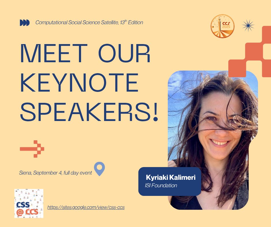 Chiara Zappalà (@zappala_chiara) on Twitter photo 📌 𝗦𝗮𝘃𝗲 𝘁𝗵𝗲 𝗱𝗮𝘁𝗲!
We're proud to welcome Kyriaki Kalimeri <a href="/KyriakiKalimeri/">Kyriaki Kalimeri</a> as a keynote speaker at our #ComputationalSocialScience Satellite, taking place during #CCS2025!
📍Siena, Italy
📅 Sep 4
💡Discover how data can drive good, and stay for the insight! 📌 𝗦𝗮𝘃𝗲 𝘁𝗵𝗲 𝗱𝗮𝘁𝗲!
We're proud to welcome Kyriaki Kalimeri <a href="/KyriakiKalimeri/">Kyriaki Kalimeri</a> as a keynote speaker at our #ComputationalSocialScience Satellite, taking place during #CCS2025!
📍Siena, Italy
📅 Sep 4
💡Discover how data can drive good, and stay for the insight!