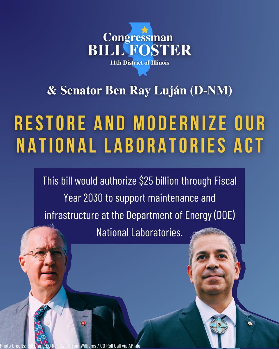 RepBillFoster's tweet image. Our national labs make remarkable contributions to technologies that improve everyday life and keep the U.S. on the cutting edge of innovation.
Today, I introduced legislation with @SenatorLujan to ensure our national labs get the infrastructure upgrades they need to continue…