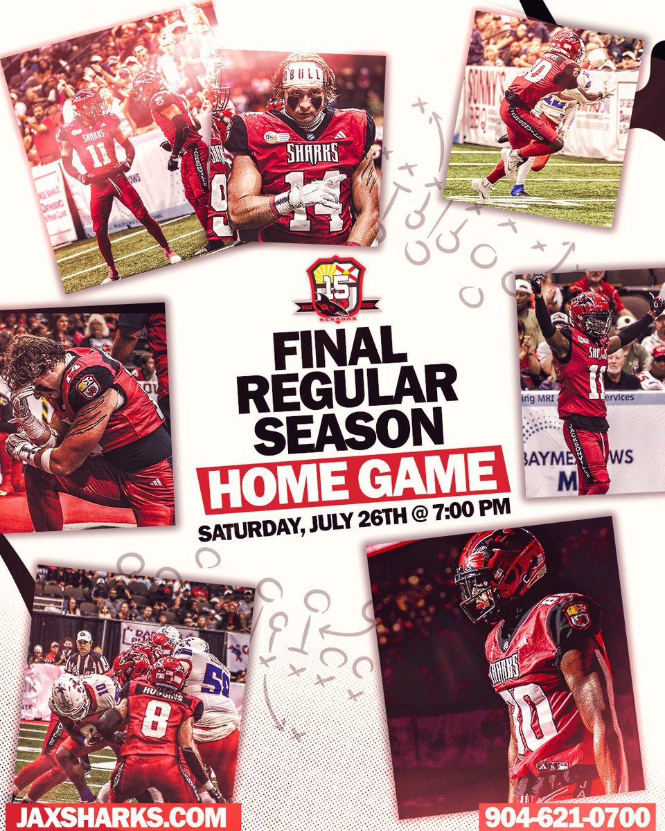 jaxsharks's tweet image. 🦈🏈 FINAL REGULAR SEASON HOME GAME – JULY 26th!
One last battle at home. Playoffs on the line.
Let’s pack the Tank and push the Sharks to victory! 🔥
🎟️ Don’t miss it! Call 904-621-0700 or visit jaxsharks.com!