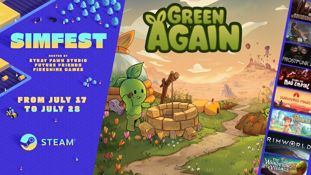 GreenAgainGame's tweet image. The Sproutlings are super busy this week! Green Again is taking part in the SimFest from 17 July to 28 July!

Restore nature and build a comfy home for the Sproutlings in our laid-back colony builder:
store.steampowered.com/app/2718320/Gr…

#indiegames #SimFest