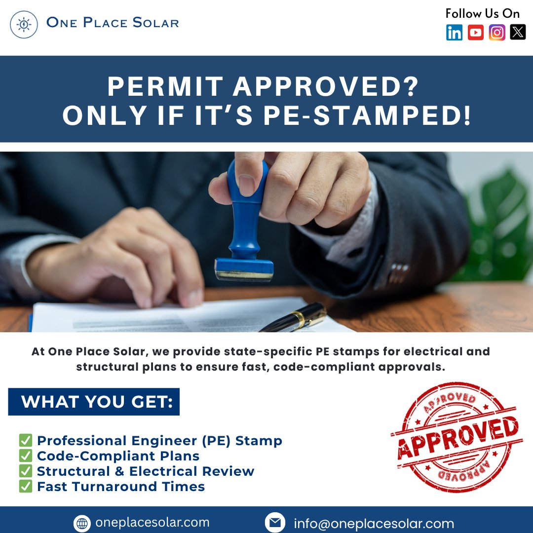 OnePlaceSolar's tweet image. Permit-Ready Starts Here!
Your solar plans aren’t complete without a PE Stamp.
At One Place Solar, we deliver state-specific engineering stamps for both electrical and structural designs, helping you clear permits faster and with confidence.
#PEStamp #SolarDesign #PermitServices