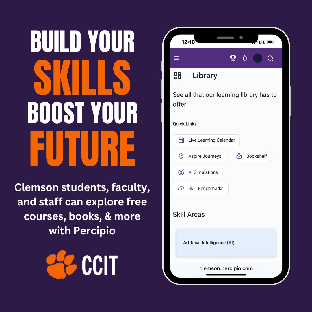 Ready to make your resume pop this summer? Clemson students, faculty, and staff get FREE access to Percipio which features courses, books, audiobooks, and more. Log in at clemson.percipio.com and start exploring today! #CCIT #Percipio #ResumeBuilder 🐅💻☀️