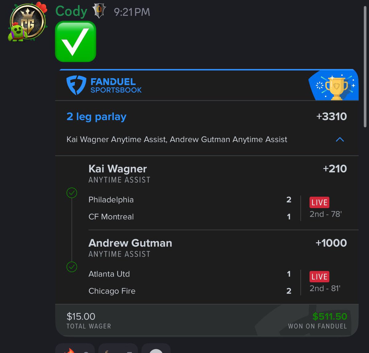 InCodyWeTrust1's tweet image. Some wins over the last 3 weeks 👀✅

✅ Assist Lotto (+7950)
✅ Assist Lotto (+5500)
✅ Assist Lotto (+3310)
✅ HR Parlay (+3332)
✅ HR Parlay (+2375)
✅ HR Parlay (+2200)
✅ HR Parlay (+2500)
✅ 30+ straights 

A lot more to come 🫡🔥 

Cash with us ➡️ marcusbeau.com