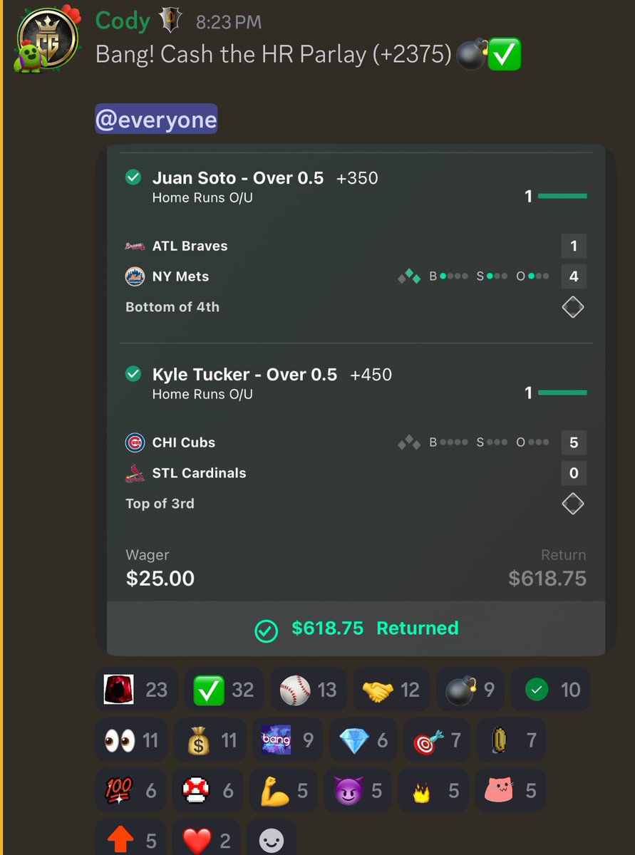 Some wins over the last 3 weeks 👀✅

✅ Assist Lotto (+7950)
✅ Assist Lotto (+5500)
✅ Assist Lotto (+3310)
✅ HR Parlay (+3332)
✅ HR Parlay (+2375)
✅ HR Parlay (+2200)
✅ HR Parlay (+2500)
✅ 30+ straights 

A lot more to come 🫡🔥 

Cash with us ➡️ marcusbeau.com