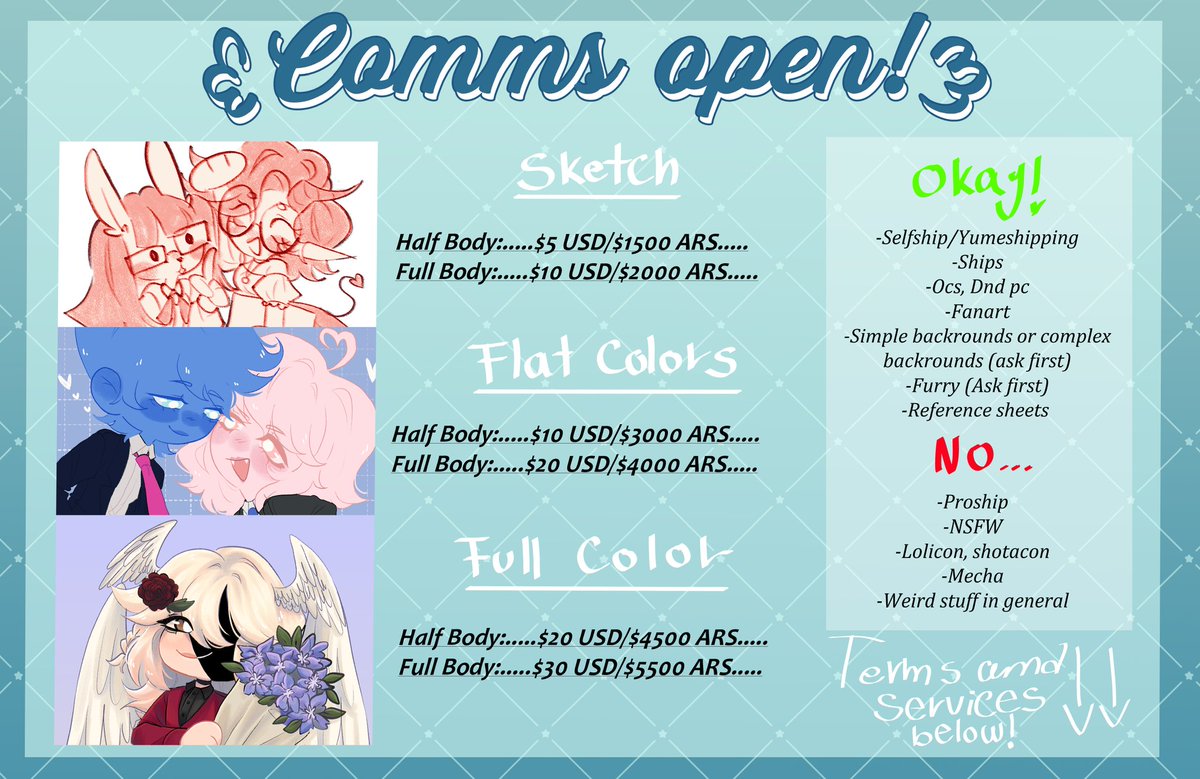 BitterSweetFran's tweet image. #ArtCommissions #CommissionsOpen #ComisionesAbiertas #VgenComms #VGenComm
HELLO!!!🩵🩵
I opened my comms again and i added sketches now!!
I need to save money for Uni🙏 soooo
Tysm
T&S AND VGEN BELOW!!!