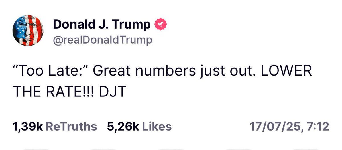 π¨ BREAKING: Donald Trump esorta nuovamente il presidente della Fed a ridurre i tassi d'interesse