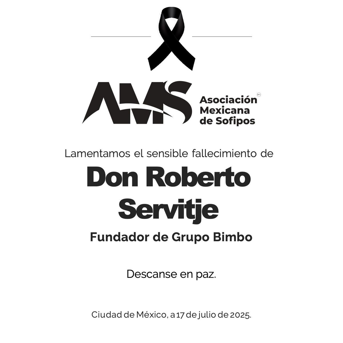 Lamentamos el sensible fallecimiento de Don Roberto Servitje, fundador de Grupo Bimbo y líder empresarial ejemplar por su sentido social. Pronta resignación a todos sus seres queridos.  #QEPD
