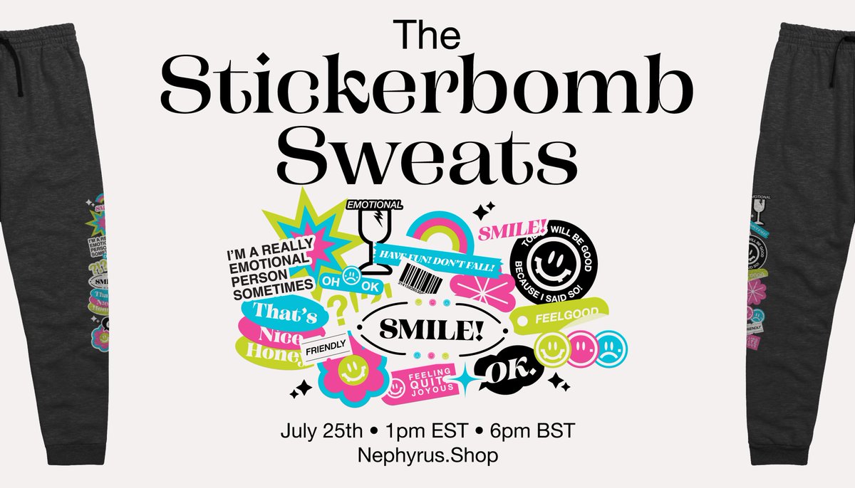 nephyrus's tweet image. You all loved the Silly Era pants, so say hello to the Stickerbomb Sweats!
Available on July 25th!