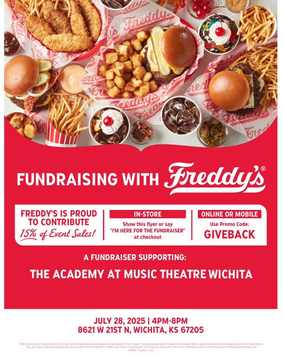 Music Theatre Wichita (@mtwichita) on Twitter photo Eat Steakburgers. Support Students. Monday, July 28, support #TheAcademy just by eating at
<a href="/FreddysUSA/">Freddy's Frozen Custard & Steakburgers</a>
on 21st Street. Show this flyer or use code GIVEBACK online, and a portion of your sale will be donated directly to our students. #MTWichita Eat Steakburgers. Support Students. Monday, July 28, support #TheAcademy just by eating at
<a href="/FreddysUSA/">Freddy's Frozen Custard & Steakburgers</a>
on 21st Street. Show this flyer or use code GIVEBACK online, and a portion of your sale will be donated directly to our students. #MTWichita