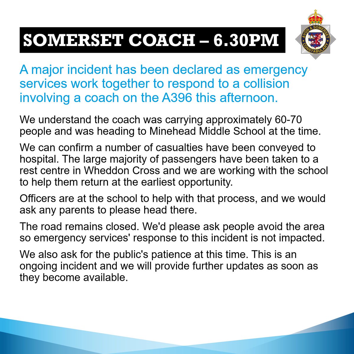 A major incident has been declared following a collision involving a coach on the A396 this afternoon.

Emergency services are at the scene and we ask people to avoid the area so our response to this incident is not impacted.

Please see our latest update below. 

#A396Incident