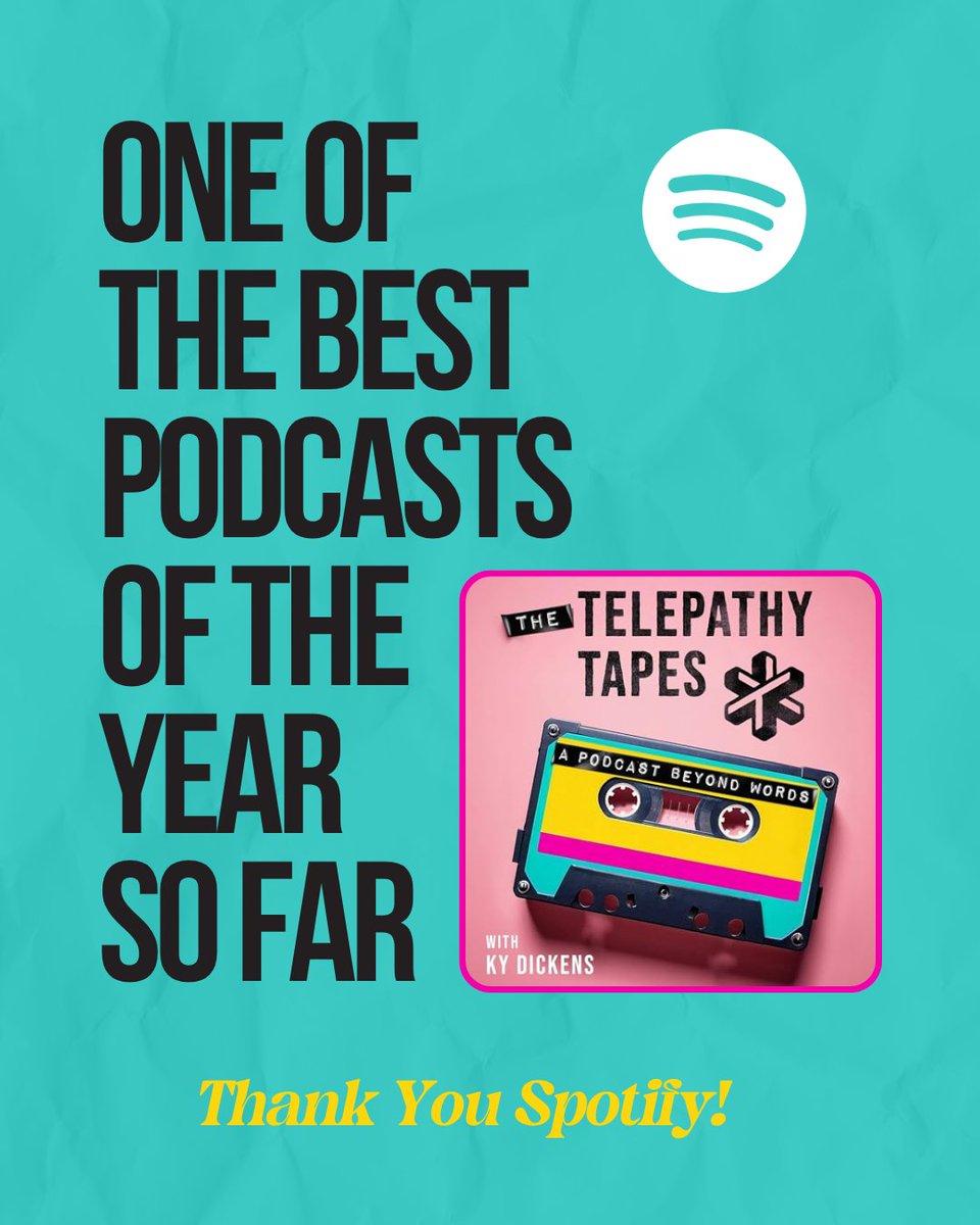 TelepathyTapes's tweet image. Thank you @spotify for naming The Telepathy Tapes one of the best podcasts of the year so far 🎉 Every other week, we’re dropping a new episode in our Talk Tracks series, diving deeper into the themes of Season 1.
And HUGE news: Season 2 premieres October 15!!! Mark your minds…
