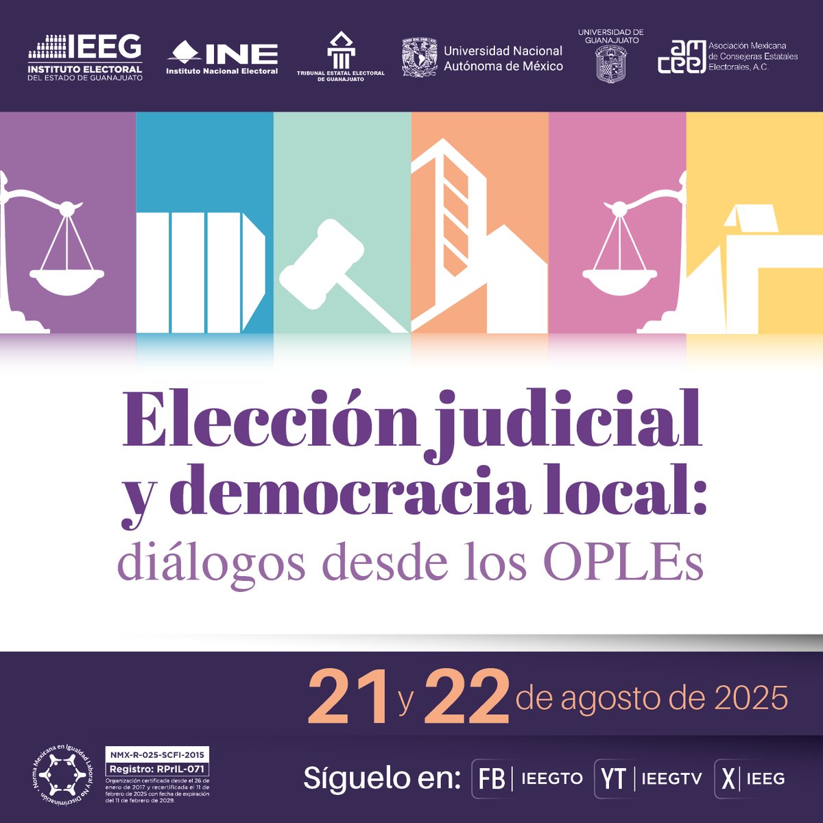 🟣 | ¡Agéndalo! 

En el #IEEG llevaremos a cabo el Foro: Elección judicial y democracia local: diálogos desde los OPLEs.

21 y 22 de agosto. ⏰

Transmitiremos las actividades por nuestras redes sociales. 📲💻

#LaDemocraciaSeViveTodosLosDías
