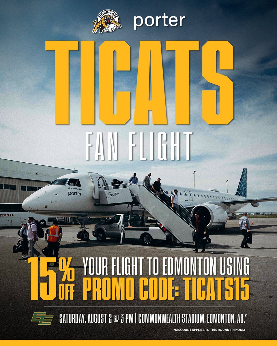 flyyhm's tweet image. Elevated Economy 🤝 Tiger-Town
Take advantage of this exclusive travel deal with @porterairlines and access to discounted hotel rates/game tickets to cheer on the Hamilton @Ticats in Edmonton on Saturday, August 2! 🏈
The ultimate fan trip awaits at: ticats.ca/fanflightporter
