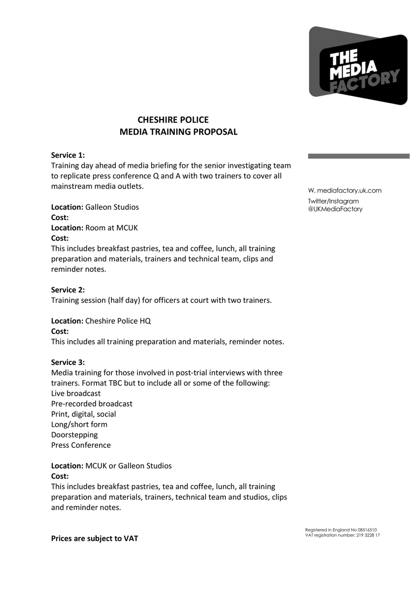 Interesting document released today by Cheshire police, in response to a FOI request by <a href="/TomEvans80/">A space helmet for a cow</a>, into the force's business relationship with Media Factory Limited, a company owned by journalist and Daily Mail podcast co-host Caroline Cheetham.

Cheetham reported extensively