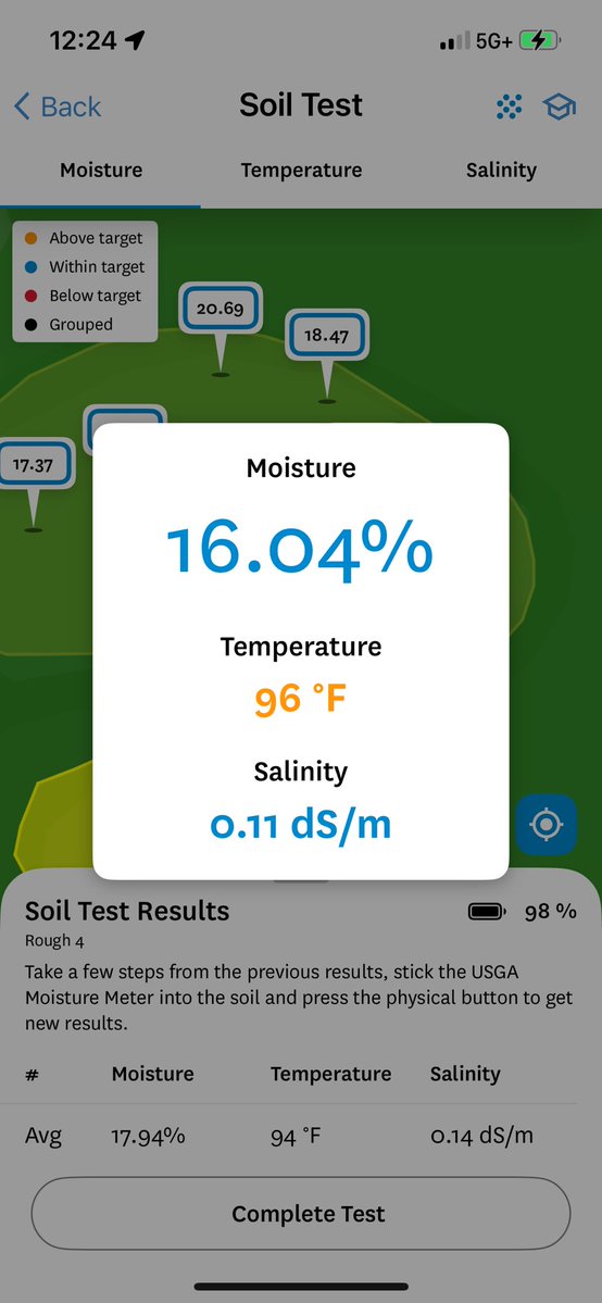 ECCSuper77's tweet image. This afternoon’s subsurface greens temperature is dangerously high. This over a 10 day period is unhealthy. Our roots are holding strong at the moment but carbohydrate use overload is ramping up. The @USGAGrnSection moisture meter is a nice tool.
