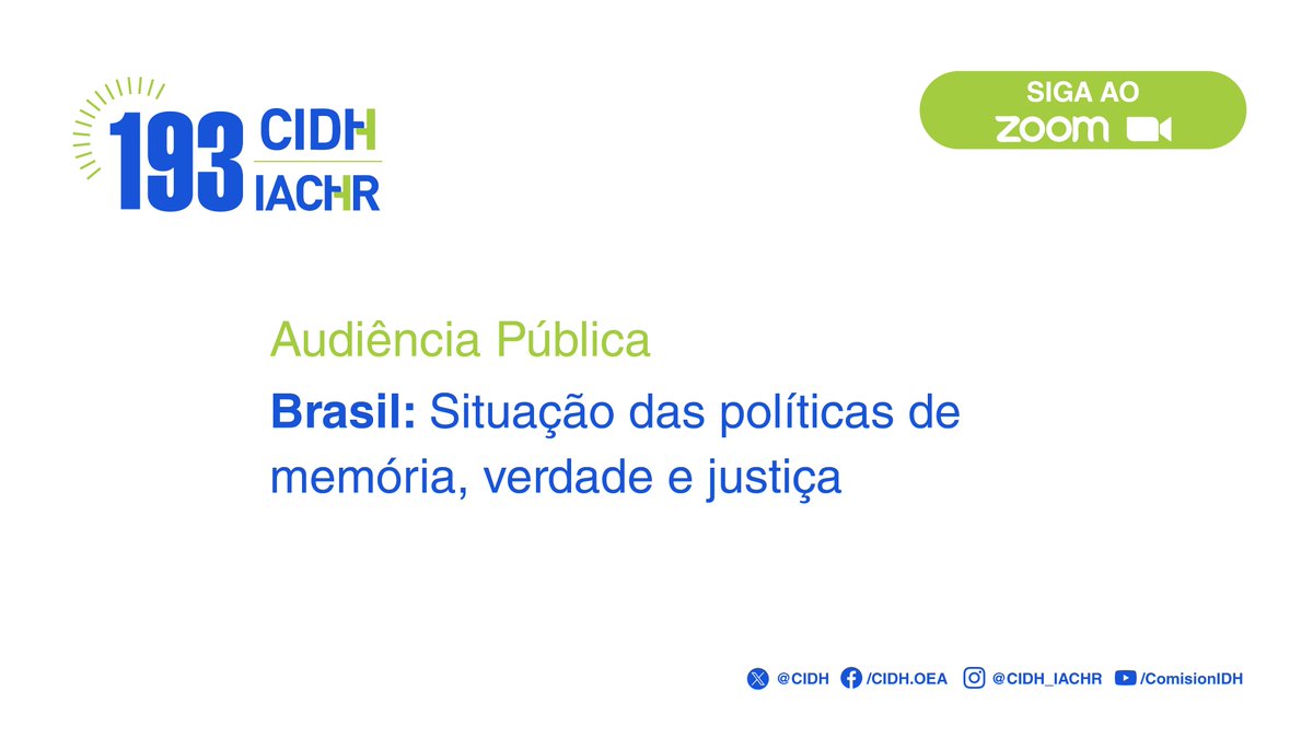 CIDH's tweet image. A última audiência do primeiro dia do #193PeríodoCIDH está se aproximando. Ela abordará a situação das políticas de #MemóriaVerdadeJustiça no #Brasil. 📹
Acompanhe ao vivo pelo Zoom. Haverá interpretação disponível: inscreva-se aqui 👉 ow.ly/vhv150WroN7
Você também pode…