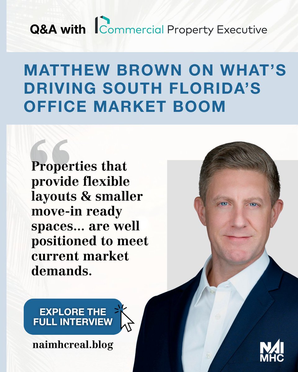 NAI Merin Hunter Codman, Inc. (@nai_merinhunter) on Twitter photo #PalmBeachCounty remains strong and adaptable - our COO shares why in this exclusive Q&A with <a href="/CPExecutive/">Commercial Property Executive</a>.
🔗 Explore the full interview: tinyurl.com/MattBrown-Offi…
#CRE #SouthFlorida #Office #OfficeTrends #OfficeSpace #PalmBeachCounty remains strong and adaptable - our COO shares why in this exclusive Q&A with <a href="/CPExecutive/">Commercial Property Executive</a>.
🔗 Explore the full interview: tinyurl.com/MattBrown-Offi…
#CRE #SouthFlorida #Office #OfficeTrends #OfficeSpace
