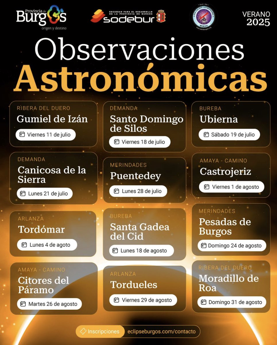 Trizbangtheory's tweet image. 👀¡No os perdáis las actividades que realizamos este verano por toda la provincia de Burgos! Con @sodebur y @Astroburgos
¡Nos preparamos para el GRAN ECLIPSE DE SOL DEL 2026! 😎☀️
#Burgos #Eclipse2026