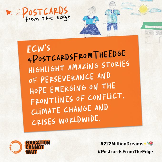 KentPage's tweet image. 📣Children worldwide are being denied their right to an #education.
@EduCannotWait’s global #PostcardsFromTheEdge campaign amplifies voices of crisis-affected girls/boys to world leaders!
#KeepHopeAlive @fcdoeducation @danishmfa @swissdevcoop @spainmfa @eu_partnerships…