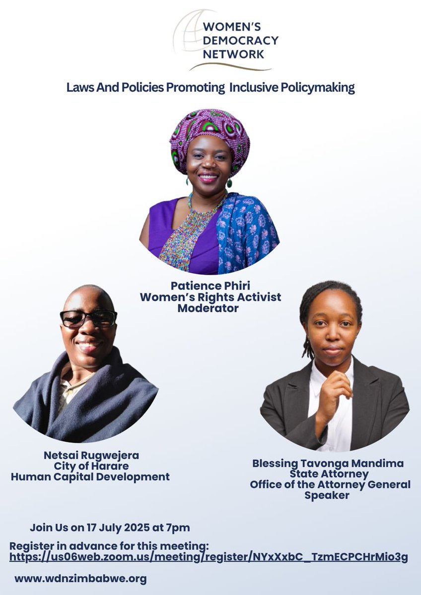 📢 We’re LIVE NOW!

Join the conversation on Laws &amp; Policies that Promote Inclusive Policymaking 🟣

🕖 7PM | 📅 17 July 2025
🎤 Powerful speakers
💬 Real solutions
🔗 Zoom: us06web.zoom.us/meeting/regist…
💬 WhatsApp: chat.whatsapp.com/Imqh8ISBql754s…
#InclusivePolicymaking #WDNZimbabwe #LiveNow