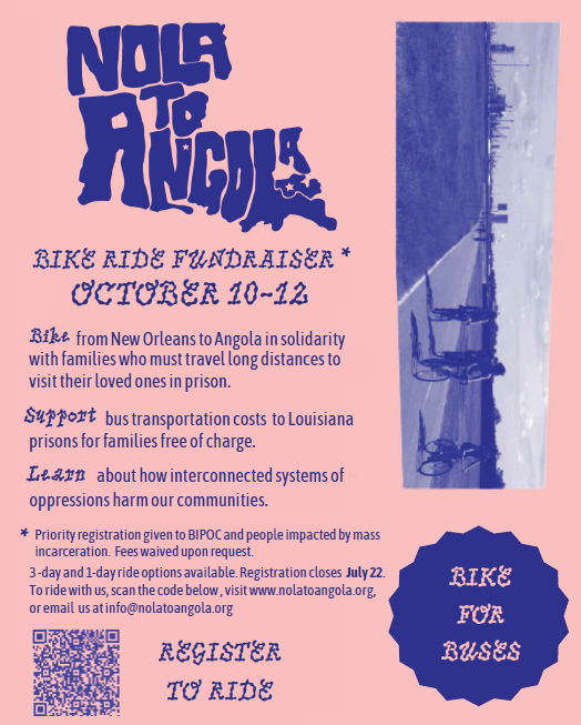 JusticesPromise's tweet image. Registration closes in 5 days for this year's NOLA to Angola fundraiser! Each mile is pedaled in solidarity w/those who have been separated from their families by mass incarceration. This year's ride will take place from Oct 10-12. For more info, visit l8r.it/ChyM.