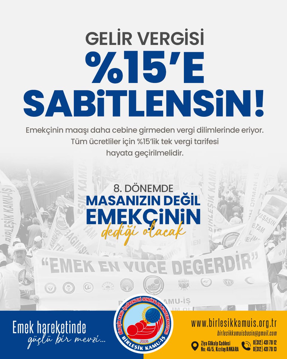#emekçinindediği
Emekçinin maaşı daha cebine girmeden vergi dilimlerinde eriyor.
Tüm ücretliler için %15`lik tek vergi tarifesi hayata geçirilmelidir.