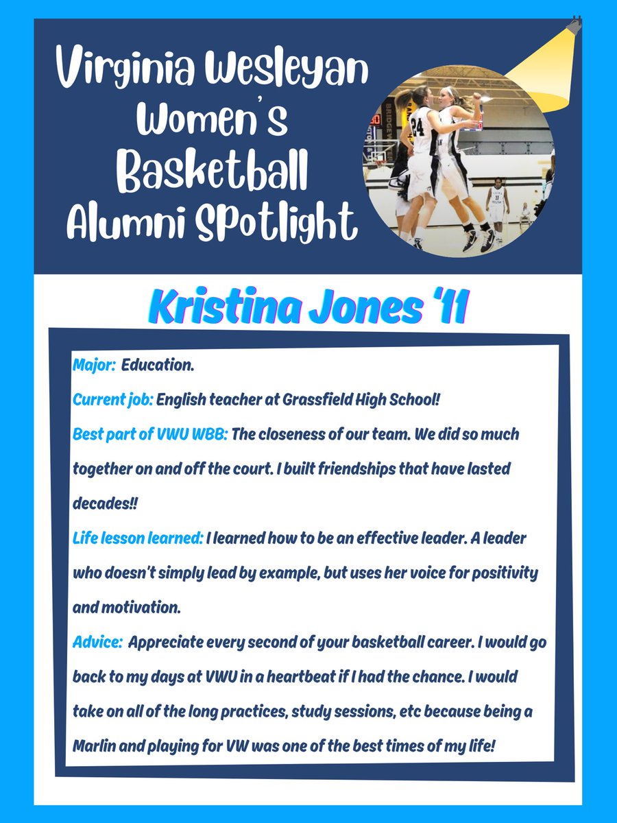 Next up on our alumni spotlight series is 2011 graduate, Kristina Jones‼️ She feels like she speaks for all alumni when she says “I would go back to my playing days at Virginia Wesleyan in a heart beat!” #vwuwbb