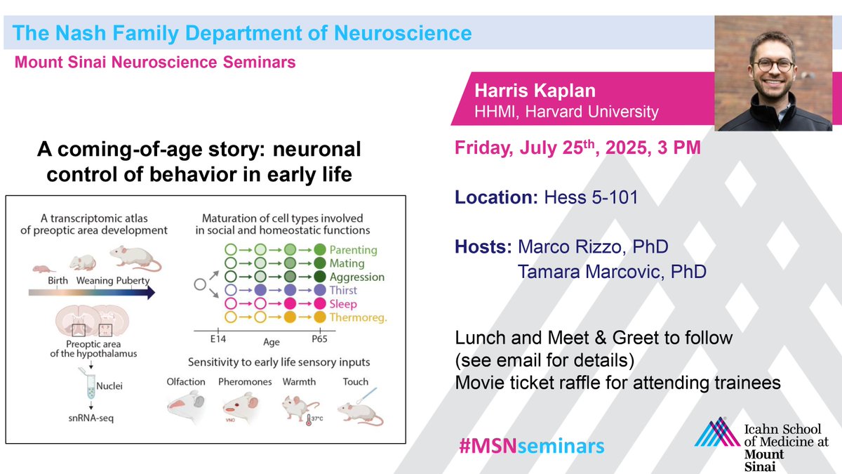 SinaiBrain's tweet image. Animal behavior changes considerably over postnatal development. How do such changes relate to development of underlying neuronal circuits? On Friday, 7/25, 3pm, join hosts Drs Marco Rizzo & @Tamaramaneuro as they welcome @harvard's Dr @harris_kaplan to #MSNseminars & Find out!