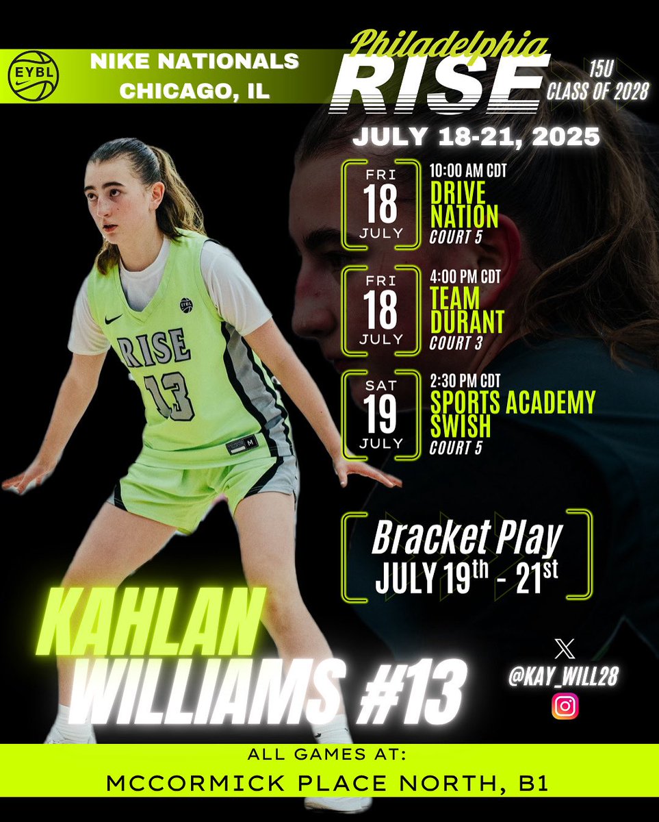 We are locked in for <a href="/Nike/">Nike</a> Nationals! My <a href="/philly_rise/">Philly Rise</a> teammates and I are looking forward to playing the amazing <a href="/NikeGirlsEYBL/">Nike Girls EYBL</a> teams in Chicago! Let’s go!!! #Road2CHI #WeRISE
<a href="/MichaelPMcD/">Mike McDonald</a>