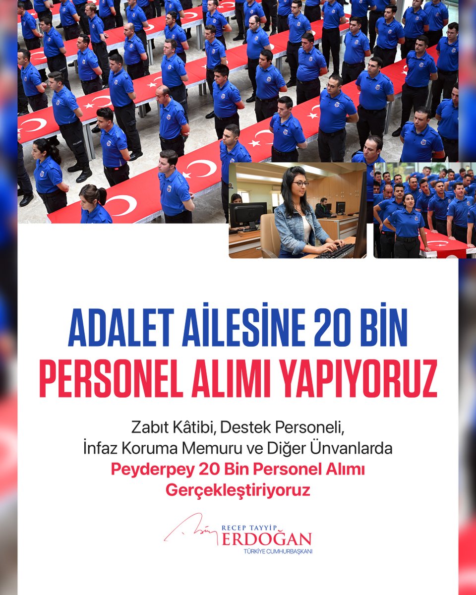 Adalet hizmetlerinin daha hızlı, daha etkin ve daha ulaşılabilir hale gelmesi amacıyla ilave bir adım atıyoruz, peyderpey 20 bin personel alımı yapıyoruz.

Adalet ailesine katılacak her bir kardeşime şimdiden başarılar diliyorum.