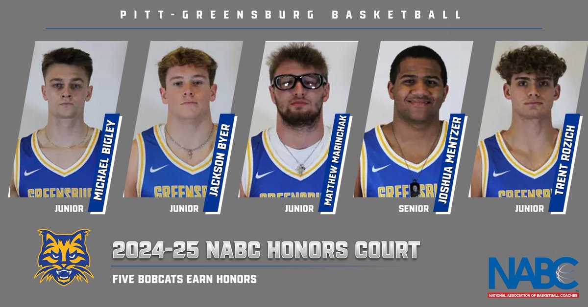 Congratulations to Michael Bigley, Jackson Byer, Matthew Marinchak, Josh Mentzer and Trent Rozich on being named to the 2024-25 NABC Honors Court‼️

This award recognizes Juniors, Seniors and Grad students who completed the year with a 3.2 cumulative GPA or higher.

#BobcatPride
