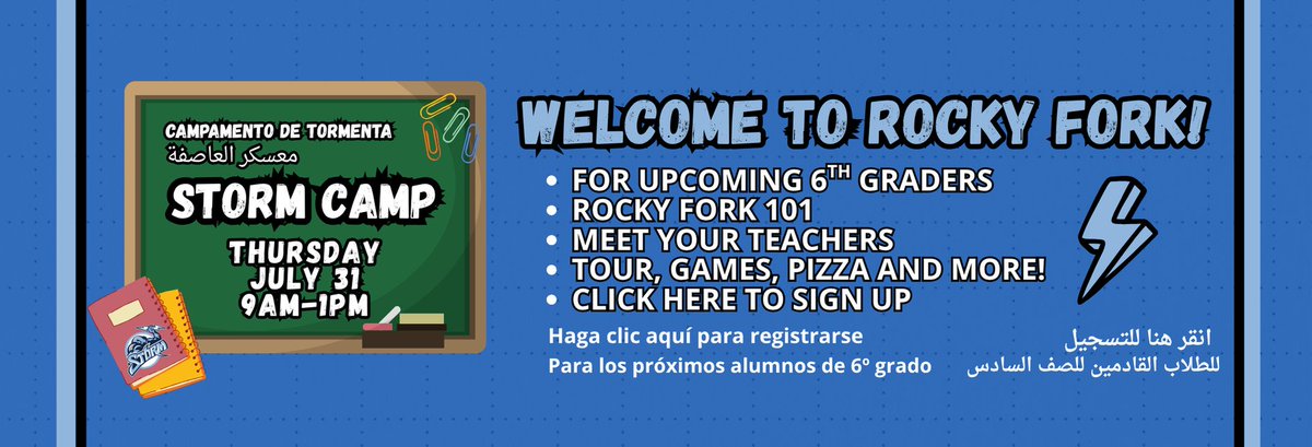 STORM Camp is on July 31 and for upcoming 6th graders to prepare for their transition to middle school!

Sign Up Now!  Click on this link to register. 
forms.office.com/Pages/Response…