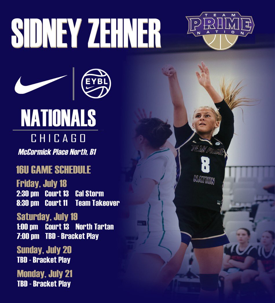 Sidney Zehner (@zehnersidney) on Twitter photo My schedule at <a href="/NikeGirlsEYBL/">Nike Girls EYBL</a> Nationals in Chicago this weekend. Let's go Team Prime Nation @WIFlightElite!! My schedule at <a href="/NikeGirlsEYBL/">Nike Girls EYBL</a> Nationals in Chicago this weekend. Let's go Team Prime Nation @WIFlightElite!!