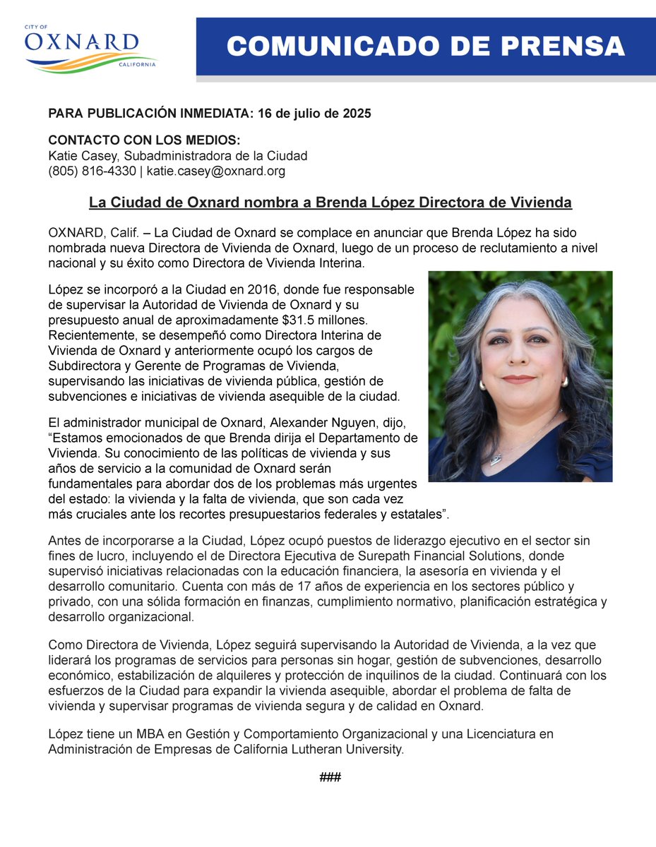 NEWS RELEASE: City of Oxnard Appoints Brenda Lopez as Housing Director

READ MORE: oxnard.gov/news