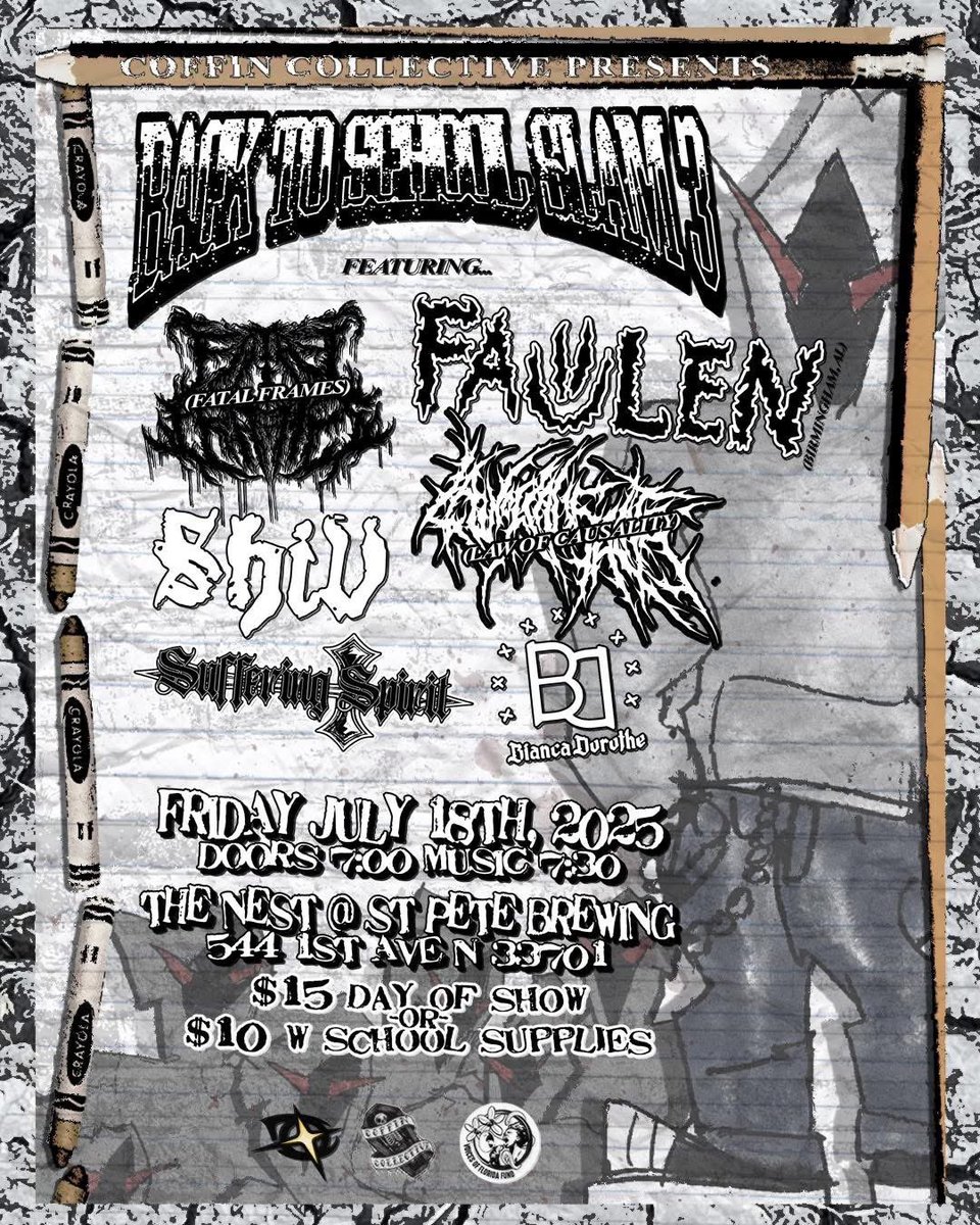 Back To School Slam 3 🎒📚✏️

📆 Friday, July 18
⏰ 7PM DOORS - MUSIC AT 7:30PM
📍The Nest @ St. Pete Brewing Co.
544 1st Ave N, 33701
🎟️ $15 or
$10 with 1 school supplies item
$5 with 5 school supplies items

21+ ONLY