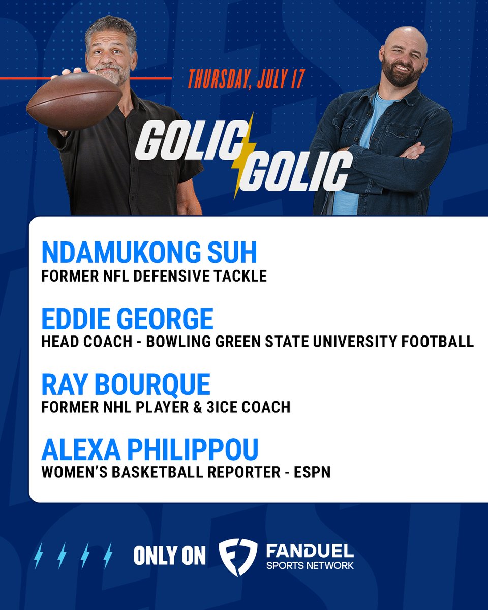 FanDuelSN's tweet image. Get your daily fill of sports talk 🗣️
Catch Golic & Golic from 3-5PM ET on FanDuel Sports Network.
@NdamukongSuh | @EddieGeorge2727 | @RayBourque77 | @alexaphilippou