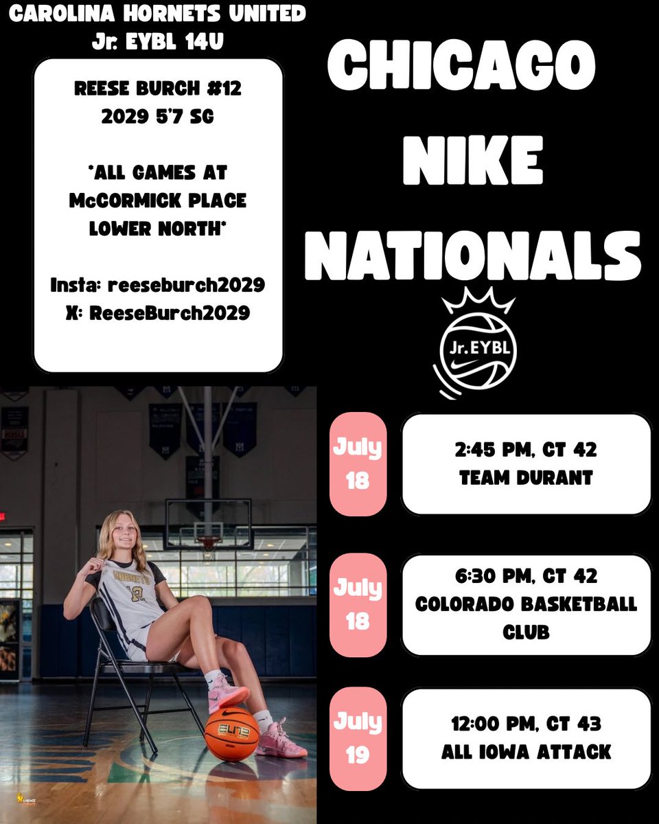 Coaches! Come check me and my <a href="/UnitedHornets/">Carolina Hornets United</a> teammates out in Chicago at the Jr EYBL Nike nationals! #jreybl <a href="/Assist_U_/">AssistU Recruiting</a>