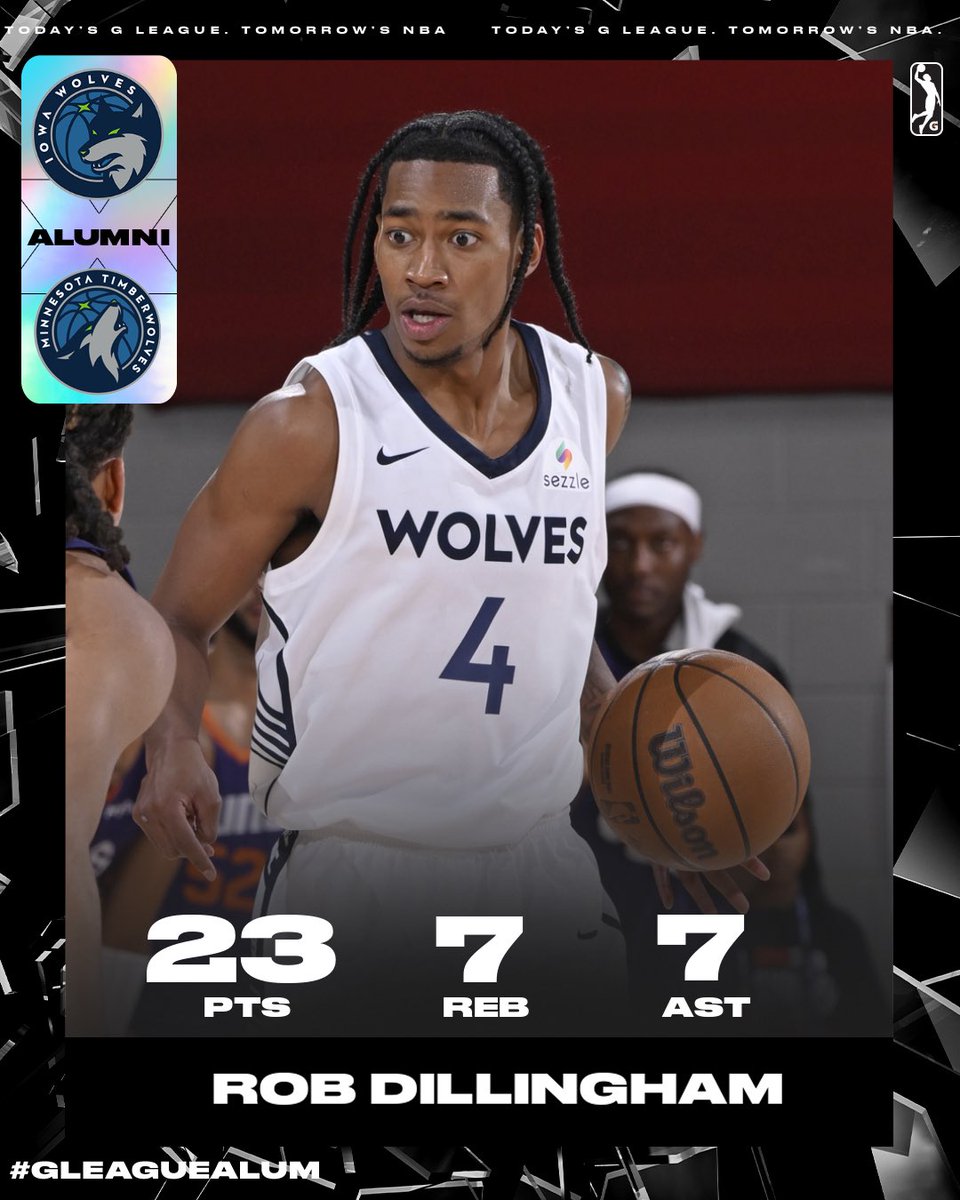 nbagleague's tweet image. 23 PTS 🐺 7 REB 🐺 7 AST
Rob Dillingham TOOK OVER in Q4! The @kentuckymbb product filled the stat sheet and scored 13 PTS in the final period to help the @timberwolves improve to 4-0. #NBASummer