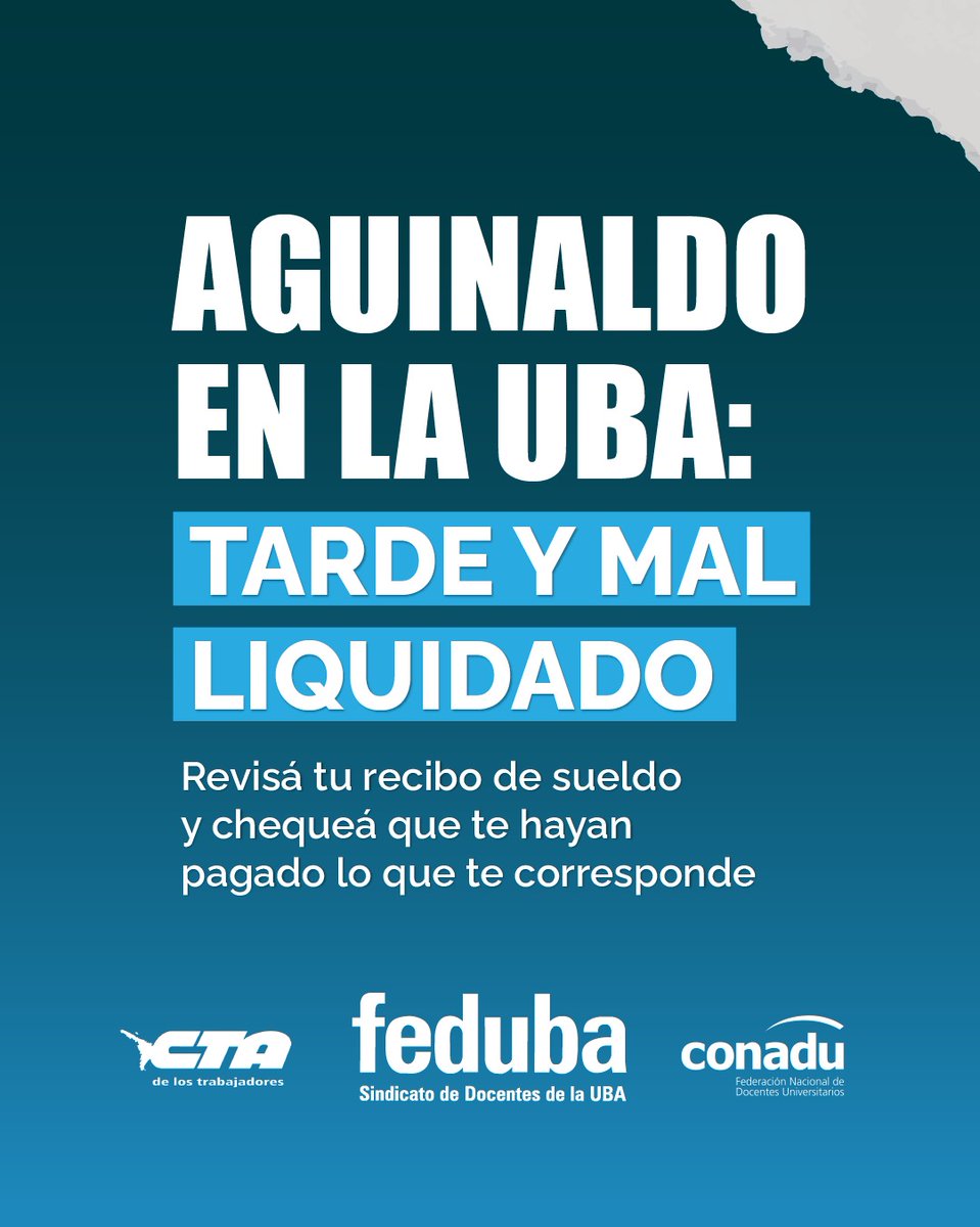 En los últimos días recibimos numerosas consultas de afiliados a quienes les fuera mal liquidado el aguinaldo. 
Estamos intercediendo nuevamente para que la UBA enmiende el error. En un contexto de profundo deterioro salarial los trabajadores no pueden seguir siendo perjudicados.