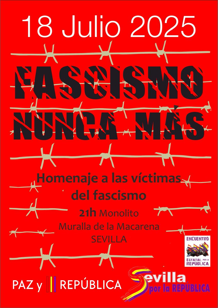Mañana #18deJulio homenaje a las víctimas del fascismo en #Sevilla 
Nos vemos a las 21h en la muralla de la #Macarena 
#FascismoNuncaMás
#PazYRepública
