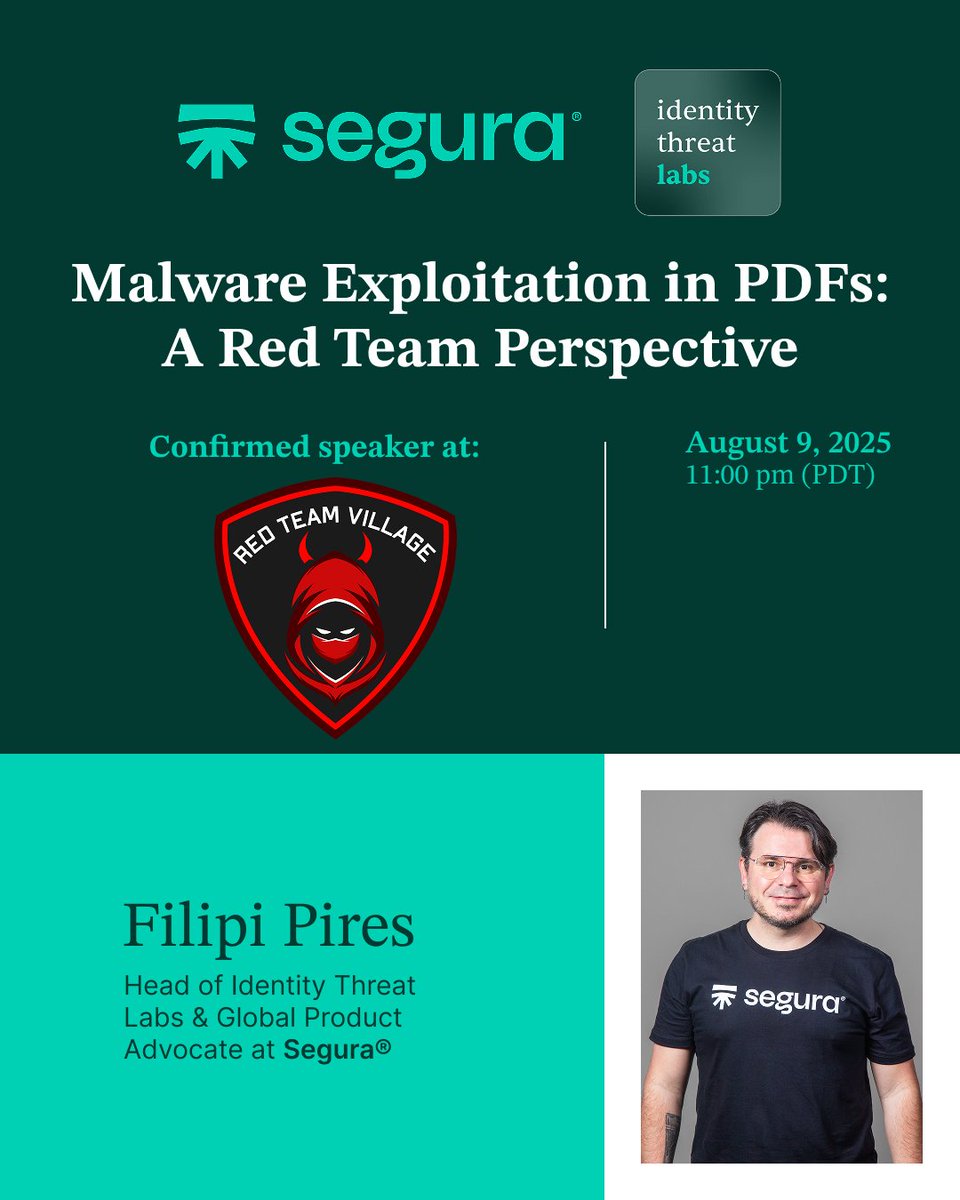 FilipiPires's tweet image. 🚨 I’ll be speaking at @defcon 33 on @RedTeamVillage_!
🎤 Talk Title: Malware Exploitation in PDFs: A Red Team Perspective
📍 Track 2 — Saturday, 11:00 am to 11:50 am
🔍 In this talk, I’ll uncover how attackers are leveraging the humble PDF to deliver JavaScript-based malware —…