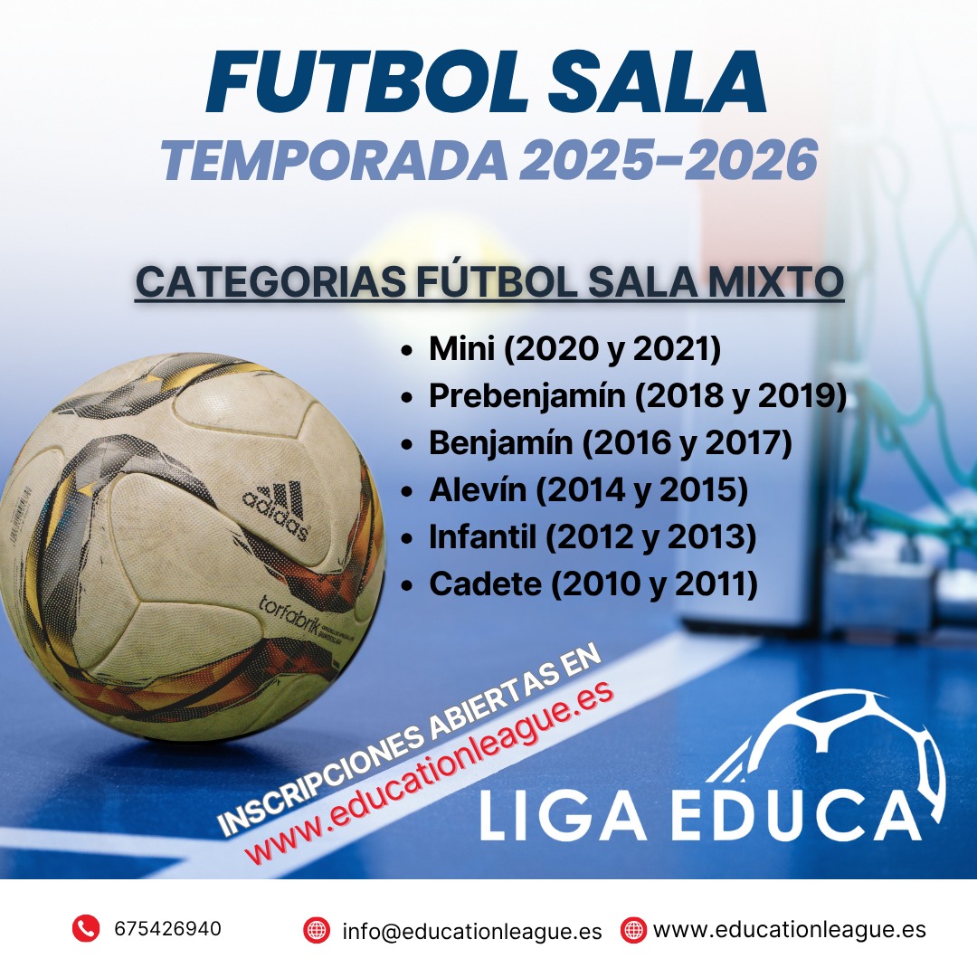🏟️ ¡LIGA EDUCA también en FÚTBOL SALA para la temporada 2025-2026! ⚽

Además de nuestras competiciones de Fútbol 7 y Fútbol-11, esta temporada las escuelas también podrán inscribir equipos en la modalidad de Fútbol Sala Mixto, desde categoría Mini hasta Cadete. ⚽🏃‍♂️🏃‍♀️ ...