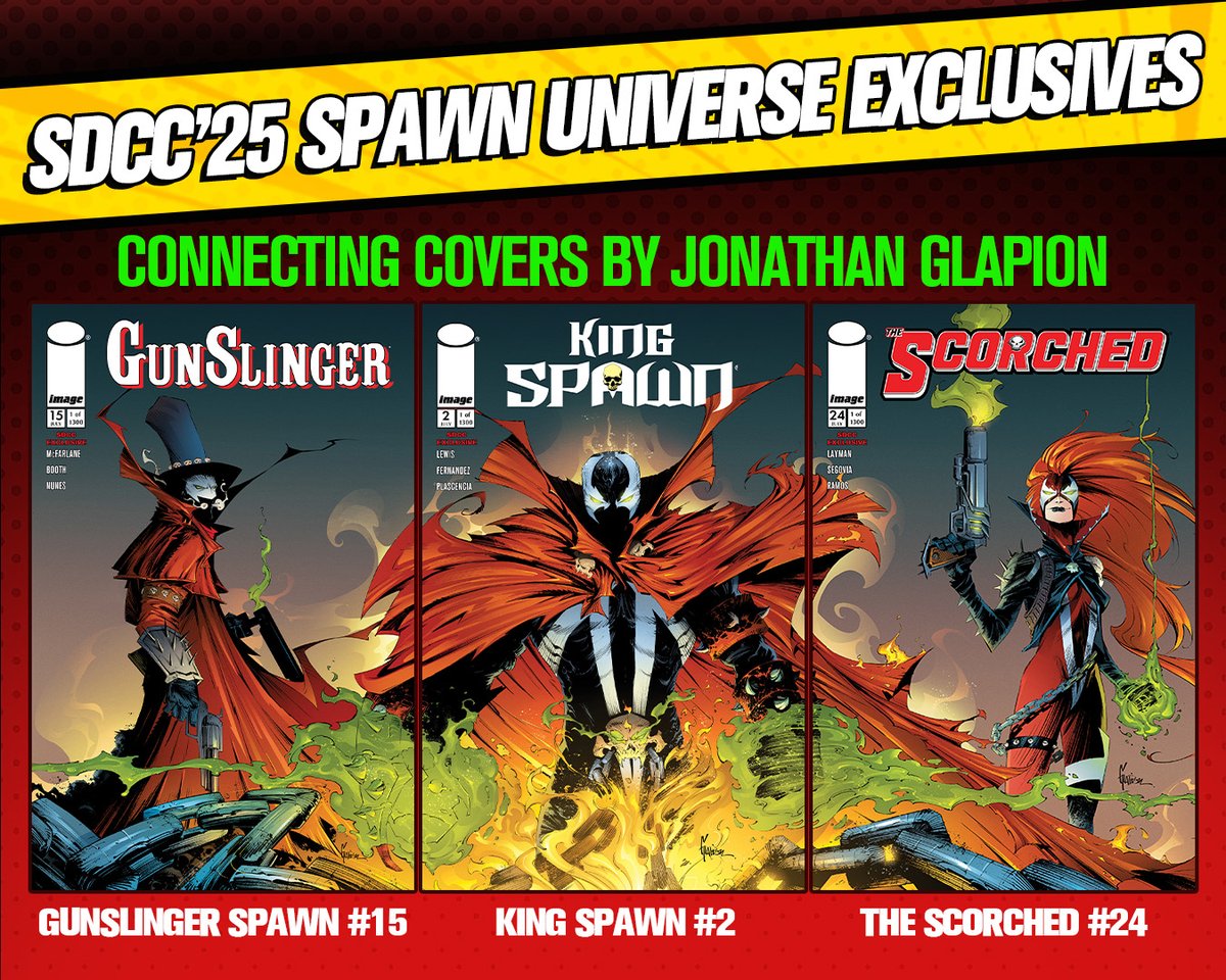 Todd_McFarlane's tweet image. Check out our 2025 SDCC EXCLUSIVE COMICS!
SPAWN #365 features my original SPAWN #150 cover… now with NEVER-BEFORE-SEEN INKS!
PLUS—@jonathanglapion's CONNECTING COVERS for GUNSLINGER, KING SPAWN, and THE SCORCHED are LOOKIN’ BADASS!
Available when the doors open to attendees on…